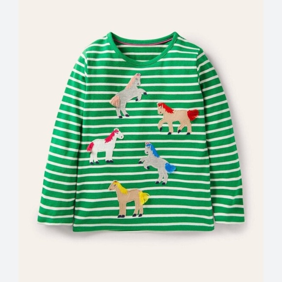Mini Boden Other - Mini Boden NWOT SZ 5/6Y Green Striped Shirt with Colorful Horse Appliques